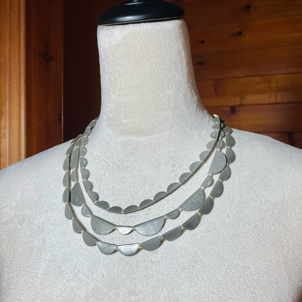 3 Strand Silver Crescent Half Moon Necklace